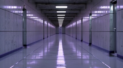 Obraz premium Modern corporate hallway with sleek design, sunlight reflecting on polished floors, doors leading to offices, minimalist aesthetic, spacious and inviting atmosphere.