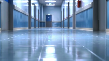 Modern corporate hallway with sleek grey walls, reflective floors, doors to offices, sunlight filtering through windows, creating a bright, minimalist workplace atmosphere