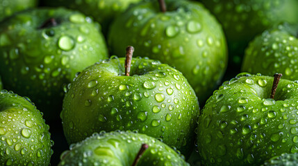 Green apples, a full background of tightly packed green apples, each adorned with tiny water droplets, leaving no empty spaces