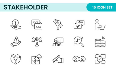 Stakeholder outline icons set. Business, teamwork, trade unions, suppliers, government, customers, creditors, community, investors and partners.