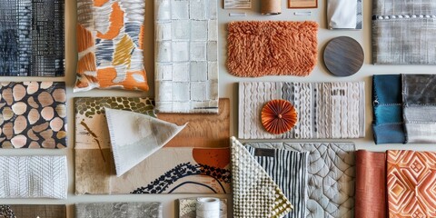 Mood board featuring an assortment of design inspirations, including fabric samples, color palettes, and pattern ideas, to guide and inspire creative projects