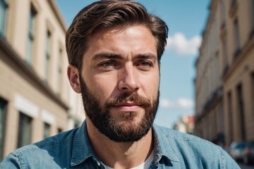 Naklejka premium Low angle portrait of a handsome bearded man using smart phone