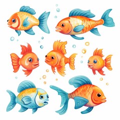 Fototapeta premium Colorful Cartoon Fish Illustration - Bright and Detailed Fish Artwork with Bubbles