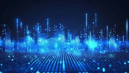 Fototapeta premium Abstract futuristic cityscape with glowing blue lights and a grid pattern.