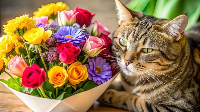 Adorable whiskered cat snuggles up to a bouquet of colorful flowers and a sentimental heartfelt card, celebrating maternal love and appreciation on special day.