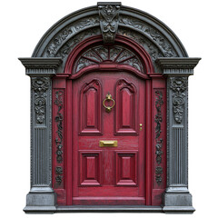 Ornate red door with decorative arch and intricate details on a transparent background clipart isolate