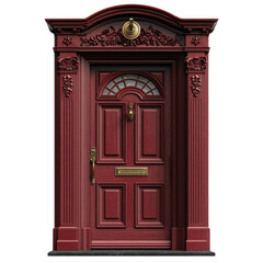 Grand red door with decorative arch and gold accents on a transparent background clipart isolate