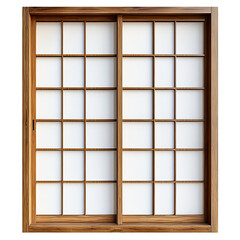 Traditional Japanese shoji door with wooden frame and rice paper panels on a transparent background clipart isolate