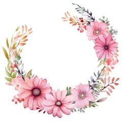 Watercolor Floral Wreath Illustration with Pink Flowers and Green Leaves for Invitations, Greeting Cards, and Wedding Designs
