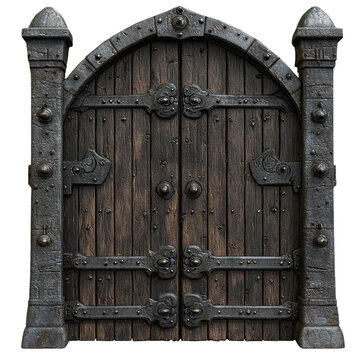 recommend clip art: Rustic wooden gate with arched top and iron reinforcements on a transparent background clipart isolate