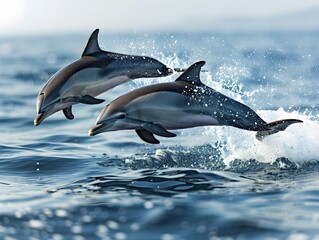 Fototapeta premium Synchronized Leaping Dolphins in the Sparkling Ocean