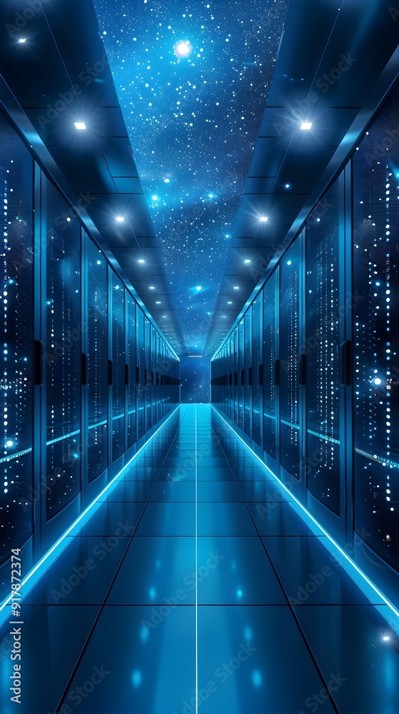 Wall mural futuristic server room with glowing blue lights representing cloud data centers and cloud computing 