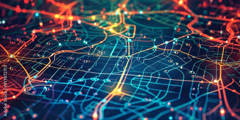 Poster a detailed transportation network map featuring interconnected routes such as roads, railways, and b