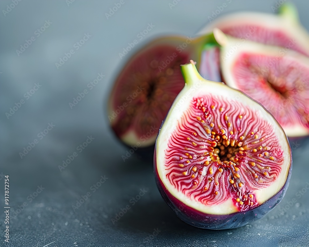 Poster freshly halved rich purple figs revealing interior food concept with copy space