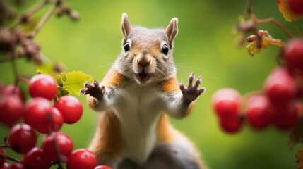 photograph of a squirrel playfully juggling berries