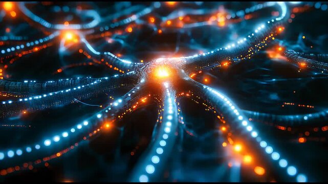  Abstract macro view of neural network with glowing blue and orange synaptic connections, highlighting complexity and energy in a futuristic high-tech design.