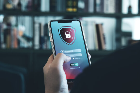 Smartphone security system. concept of technology protecting access to personal data and online financial transactions. with secure identification and password