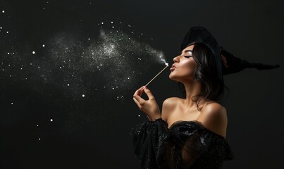 Obraz premium Woman wearing witch costume with a magic wand blows a magic dust. The girl casts a spell. Halloween concept. Banner with copy space for event, flyer. 