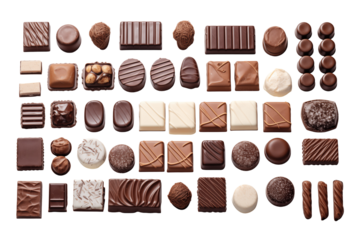 Top view chocolates on transparent background. Topics related to chocolate. World of chocolate. Chocolate professions. Job offer. Images for graphic designer. Chocolates isolated. PNG Cutout.