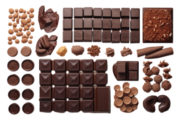 Top view chocolates on transparent background. Topics related to chocolate. World of chocolate. Chocolate professions. Job offer. Images for graphic designer. Chocolates isolated. PNG Cutout.