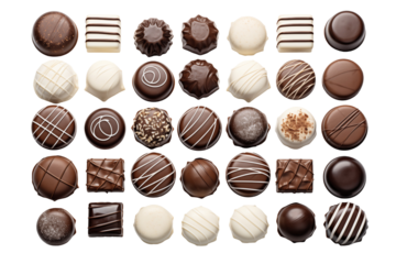 Top view chocolates on transparent background. Topics related to chocolate. World of chocolate. Chocolate professions. Job offer. Images for graphic designer. Chocolates isolated. PNG Cutout.
