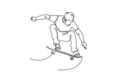 One Continuous line drawing of a skateboarder young teenage man. A Single-line skateboarder jumping boy playing with a skateboard isolated on a white background.