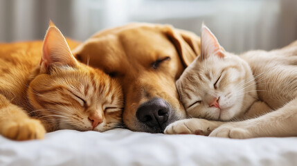 A dog and cat curled up together sleeping in a comfortable bed, with soft blankets and a gentle light from a nearby window 