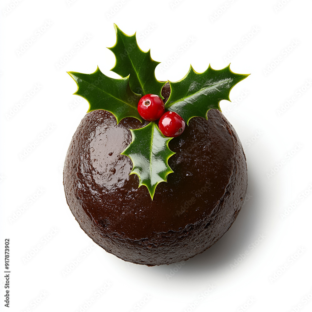 Sticker british christmas pudding with holly leaves and berries for christmas, isolated on white background,