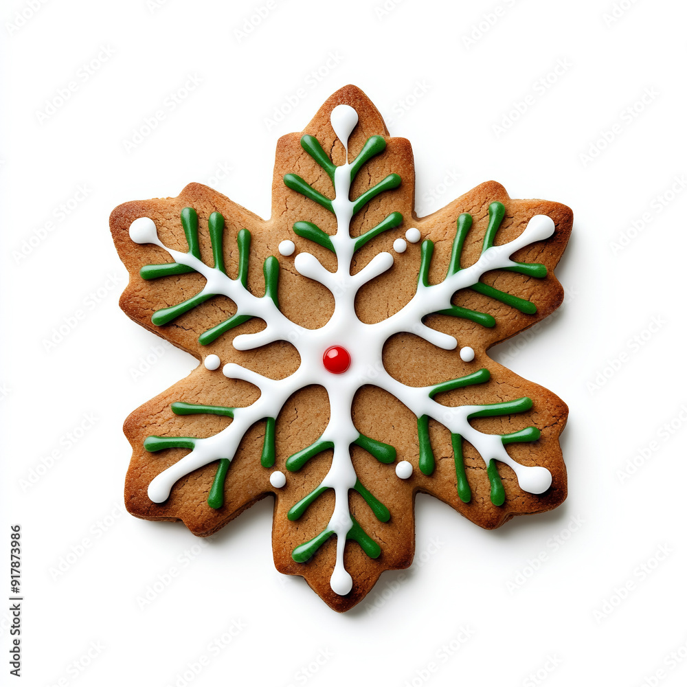 Sticker Classic Christmas gingerbread cookie with colorful icing decoration, isolated on white background, top view 