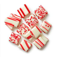 Obraz premium Christmas peppermint bark with red and white candy pieces, isolated on white background, top view 