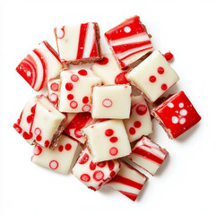 Christmas peppermint bark with red and white candy pieces, isolated on white background, top view 