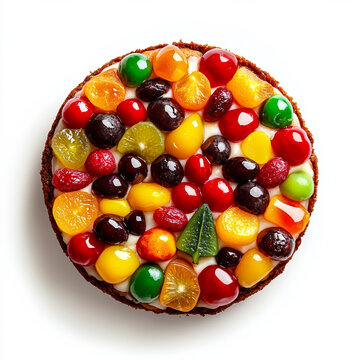 Christmas fruitcake with colorful candied fruits, isolated on white background, top view 