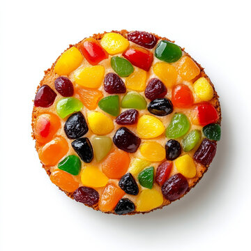 Christmas fruitcake with colorful candied fruits, isolated on white background, top view 