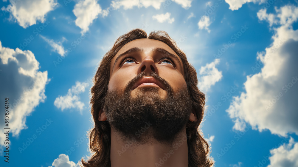 Canvas Prints Closeup of Jesus Christ's face during His ascension, with a serene and divine expression, clouds parting around Him, photorealistic detail 