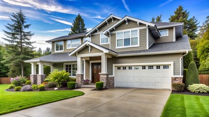 A modern suburban house with a two-car garage features a prominent white door with windows, surrounded by manicured lawn and lush greenery.