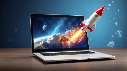 prosperous internet business on the internet. Sales soaring, e-commerce expanding quickly. Blue background with a rocket emerging from the laptop screen