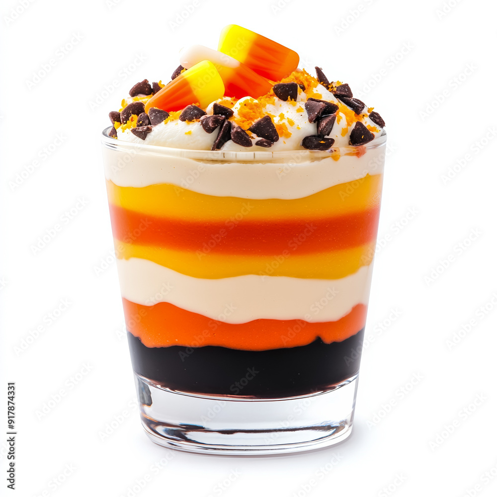 Canvas Prints Closeup of a Halloween-themed candy corn parfait with layers of colored mousse isolated on white background 