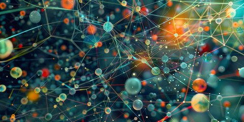 A detailed and colorful illustration of a network with various nodes and connections, emphasizing the intricate web of data flow and system integration within a digital landscape