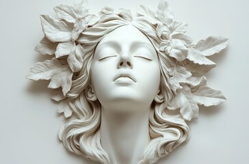 White wall hanging, beautiful woman's head sculpture made of plaster material with leaves on her hair and white background. 