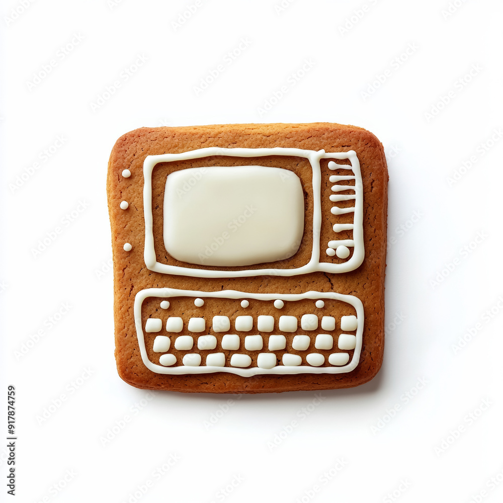 Sticker gingerbread cookie shaped like a computer monitor with a keyboard, decorated with playful icing desi