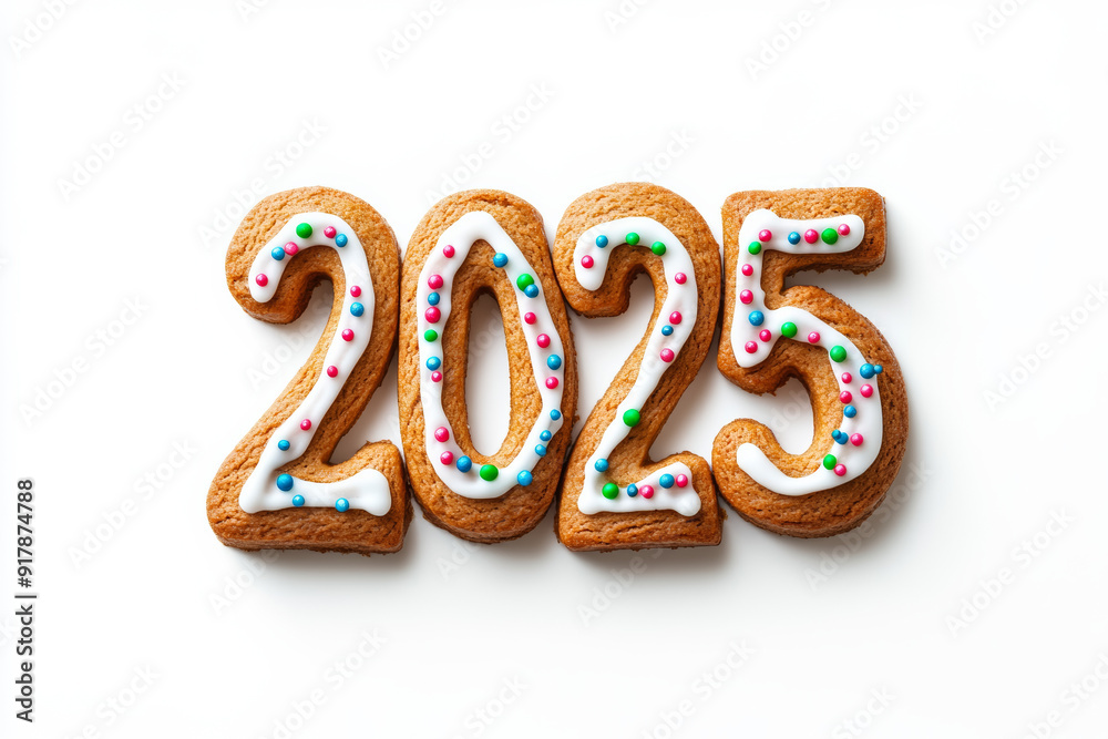 Canvas Prints Gingerbread in the shape of 2025 with festive icing and sprinkles, isolated on white 