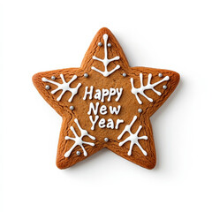 Gingerbread star with Happy New Year written in icing, glittery details, isolated on white 