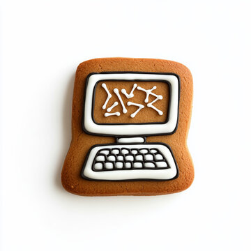 Gingerbread cookie shaped like a computer monitor with a keyboard, decorated with playful icing designs, isolated on white, top view 