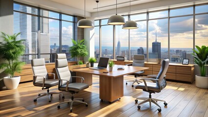 A professional 3D illustration of a modern office setting with a desk, chairs, and a table, ready for a job interview or business meeting.