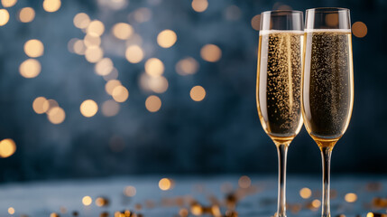 New Year-themed pedestal with a gold surface, confetti, and champagne glasses, set against a midnight blue background with fireworks 
