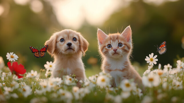 Puppy and kitten chasing butterflies in a meadow, with wildflowers and a gentle breeze creating a serene atmosphere 