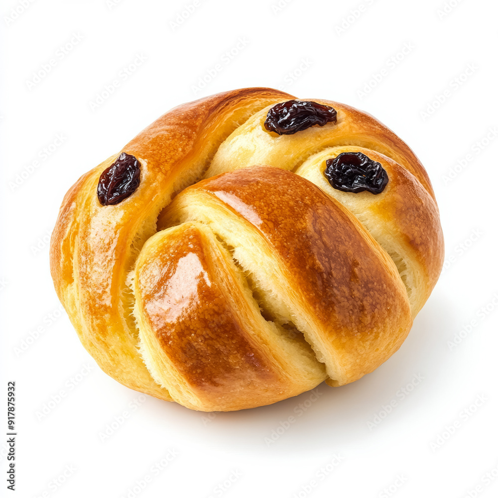 Sticker Swedish saffron bun, a golden, twisted pastry with raisins, for Christmas, isolated on white background, side view 