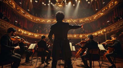A conductor stands in front of a group of musicians playing violins