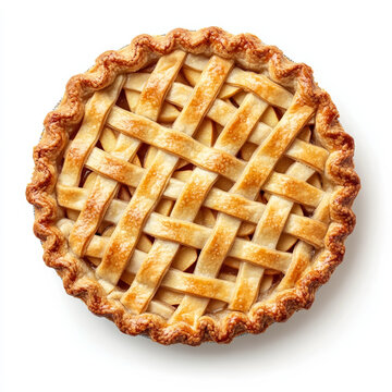 Thanksgiving apple pie with lattice crust, isolated on white background, top view 