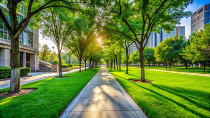 Fototapeta premium A serene urban scene featuring a lush green grass lawn adjacent to a weathered concrete sidewalk, lined with trees and surrounded by a calm atmosphere.